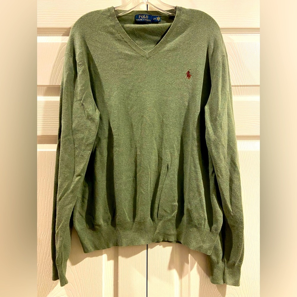 Polo Ralph Lauren Sweater Army Green V Neck Pima Cotton Men’s Size Large